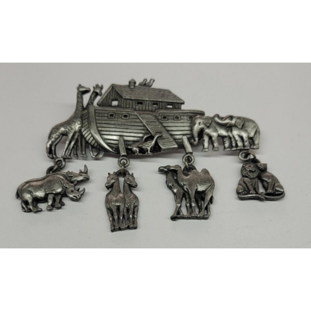 Vintage Signed JJ Pewter Tone Noah's‎ Ark Brooch Pin Giraffes Elephants Camels